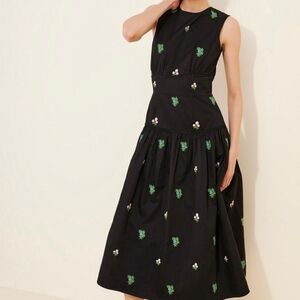 Chic Black Midi Dress with Green Floral Accents
